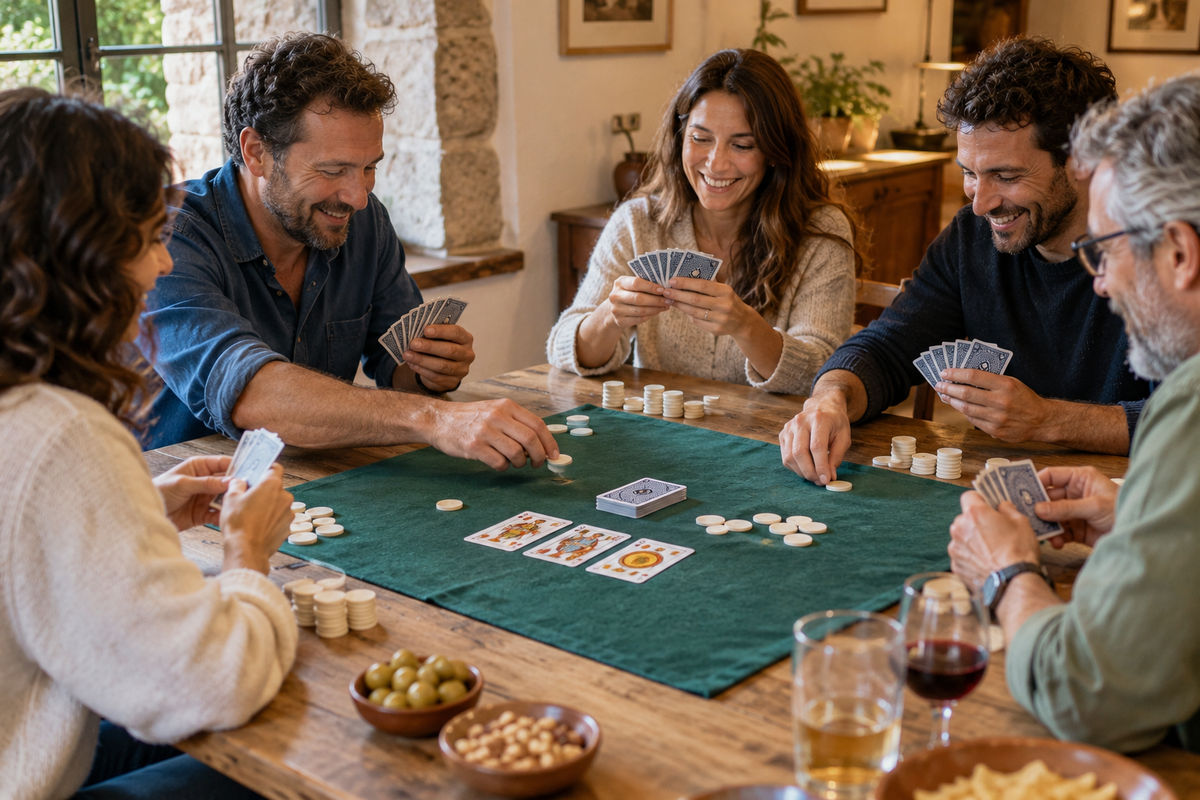 Cinco amigos, hombres y mujeres, juegan a la pocha alrededor de una mesa de madera con un tapete verde y una baraja española, en un ambiente relajado y acogedor.