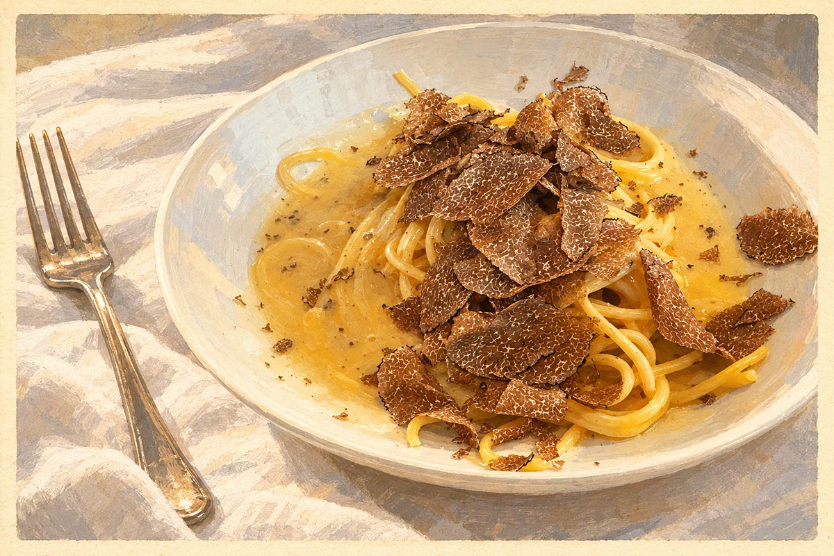 Ilustración de estilo postal antigua: un plato blanco de pasta larga con una salsa ligera de mantequilla y queso, cubierta de abundantes láminas finas de trufa negra, sobre un mantel blanco con un tenedor al lado.