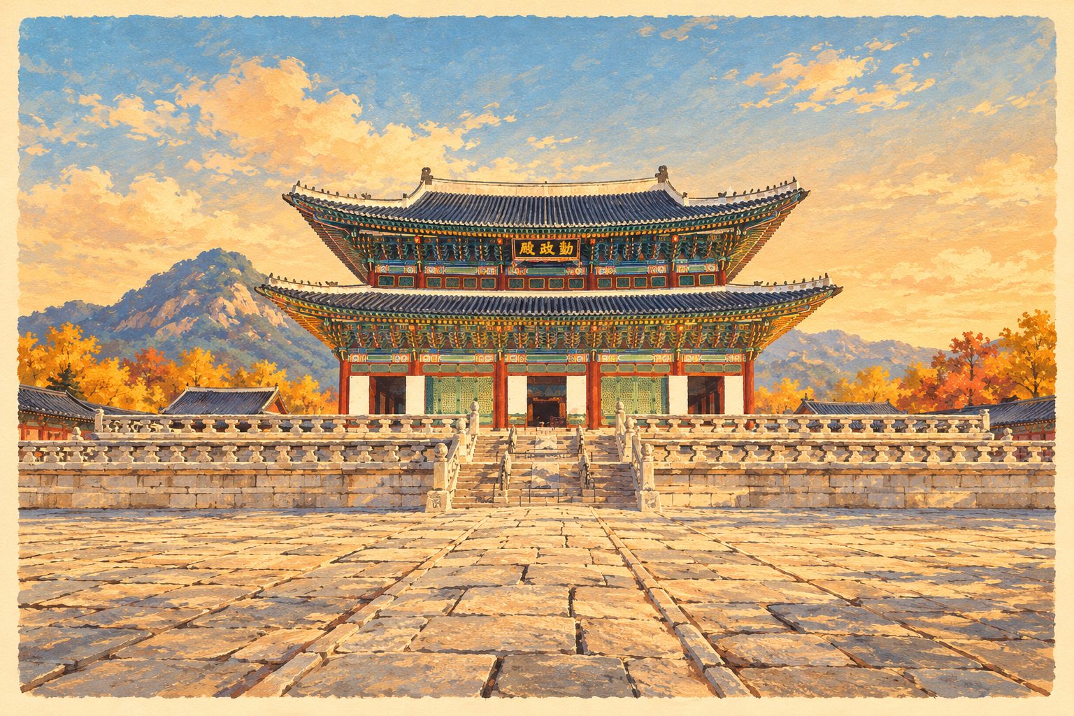 Ilustración de estilo postal antigua del palacio de Gyeongbokgung, en Seúl: el gran salón del trono, con su doble tejado curvo y los aleros pintados en verde, azul y rojo, sobre una terraza de piedra con balaustradas, frente a un amplio patio empedrado, con montañas y árboles de otoño al fondo bajo un cielo de atardecer.